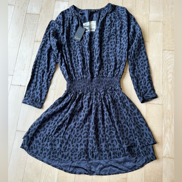 Rails Jasmine Smocked Azure Leopard Mini-Dress NWT Navy/Gray Size Large - Picture 1 of 16